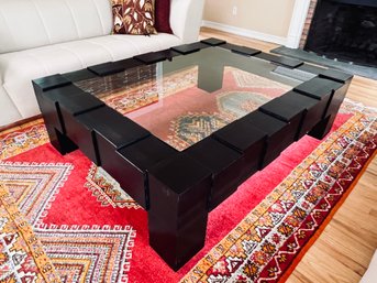 Oversize Dark Wood Block & Glass Coffee Table