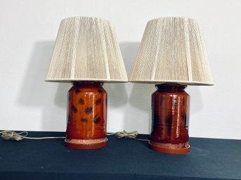 Pair Of Red Ceramic Lamps With String-style Shades