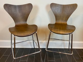 Pair Of Restoration Hardware Dark Wood Bentwood Barstools With Chrome Frame - Bar Height  - 2 Of 2