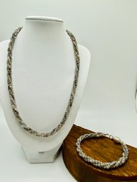 17' Gray Triple Wound Beaded Necklace And Matching 7' Bracelet - Magnetic Clasps