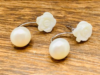 8-9mm White Cultured Freshwater Pearl & 10mm White Mother Of Pearl Rhodium Over Silver Earrings