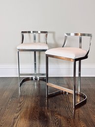 Pair Of Bar Stools - Metal Frame With White Cushions