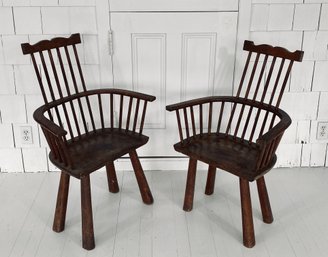 Pair Of Exceptional Hand-Carved Antique Wooden Arm Chairs With Spindle Back