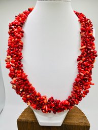 Red Coral Chip Sterling Silver Multi Row Woven 19 Necklace