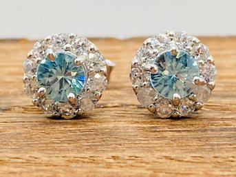 Round Blue Zircon With Round White Zircon Rhodium Over Sterling Silver Stud Earrings
