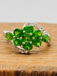 Pear Shape Russian Chrome Diopside With Round White Zircon Sterling Silver Ring - Size 4.5