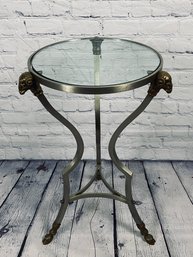 Small Round Brushed Steel Side Table With Glass Top - Brass Ram Head Detail