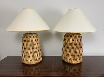 Pair Of Basket Woven Table Lamps With Cream Color Shades