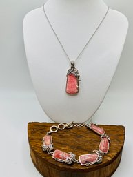 Set Of Rhodochrosite And Sterling Silver Leaf Motif 18' Necklace And 7' Bracelet