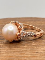 9.5-10mm Cultured Freshwater Pearl & Rhodolite & Topaz 18k Rose Gold Plated Over 925 Silver Ring - Size 4