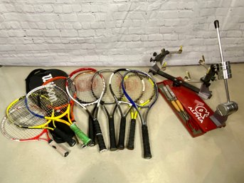 Alpha Racket Stringing Machine Plus An Assortment Of 10 Tennis Rackets