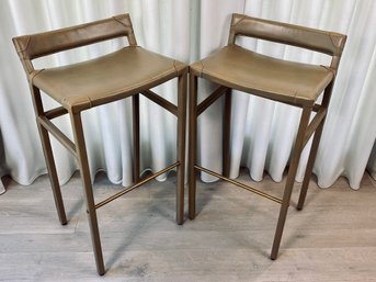 Set Of Two Ochre Sable Leather Bar Stools - Tan With White Stitching And Brass Foot Rest - Counter Height
