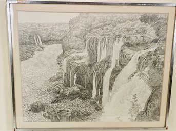 Vincent D'Aquila - Signed Painted Silver Wood Framed Pencil Drawing On Paper - 'waterfalls' 1968