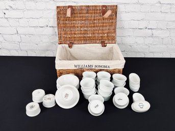 Collection Of 26 Assorted White Ceramic Ramekins & 5 Side Bowls In Wicker Williams Sonoma Basket