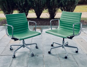 Pair Of Green Leather & Chrome Herman Miller Eames Arm Chairs