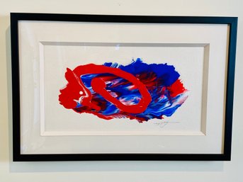 Signed, Framed Abstract Mark Zimmerman Acrylic On Paper - Untitled (Red, Blue And Black)