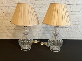 Pair Of Glass Gourd Table Lamps With Brown Shades