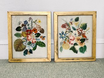 Pair Of Bright Floral Prints In Gold Painted Wood Frames