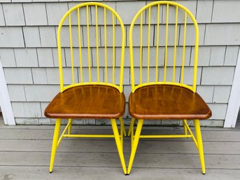 Pair Of Wood Seat And Yellow Metal Frame Chairs - Signs Of Use
