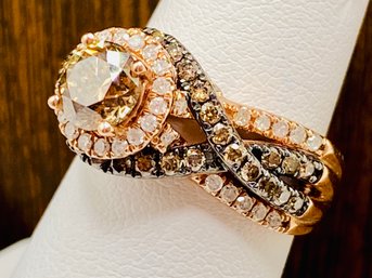 Champagne And White Diamond 10k Rose Gold Center Design Ring 2.00ctw - Size 6