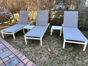 Set Of Three Brown Jordan Chaise Lounges With Two Metal Side Tables