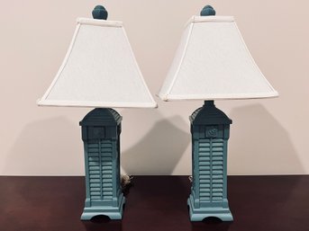 Pair Of Steel Blue Shutter Lamps With Cream Fabric Shades