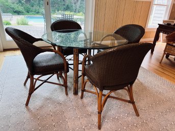 Glass Top,  Bamboo & Metal Base Round Dining Table With Four Coordinated Armchairs