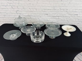 Assortment Of 7 Cake/Pie Holders & One Thick Glass Bowl