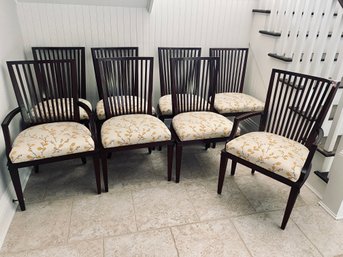 Set Of 8 Baker Furniture Dark Wood Dining Chairs - Cream With Yellow And Brown Floral Fabric