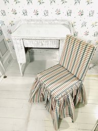 Wicker Desk With Glass Top, One Drawer, And Plaid Slipcovered Chair