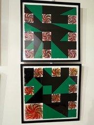 Pair Of Framed Mark E. Zimmerman Signed Black/green/multi Pinwheel Acrylic On Paper - Prof Framed