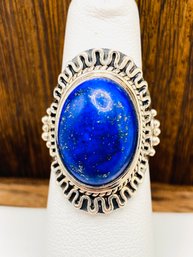 16x11mm Oval Cabochon Blue Lapis Lazuli Oxidized Sterling Silver Ring - Size 5