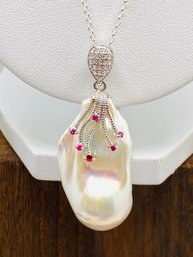 Pearl Pendant With 6 Pink Gemstone Accents And White Zircon On 18' Silver Chain