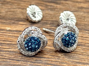 Blue And White Zircon Sterling Silver Cluster Earrings