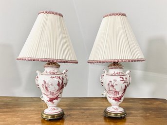 Pair Of Small Bedside Lamps  Ceramic With Brass Base And White/red Shades