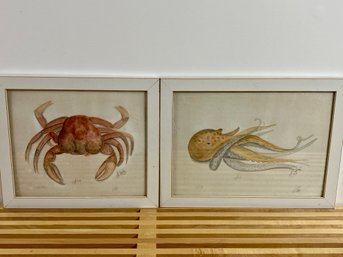 Pair Of Signed, Numbered Print - Sea Life Theme In Painted White Wood Frames
