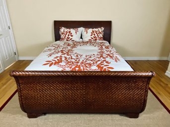 Complete Queen Size Bed - Rattan Sleigh Bed With Mattress & Some Bedding