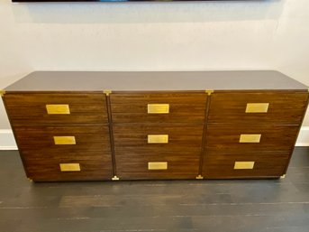 Dark Wood And Brass Long Campaign Chest Of Drawers - 9 Drawers With Soft Close