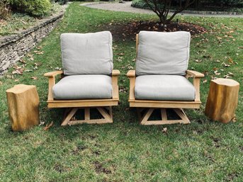 Pair Of Gloster Teak Armchairs With Sand Cushions With Pair Of Teak Plantation Logging Side Tables