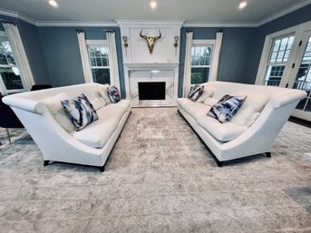 Pair Of White Formal Custom Couches - Armless With Dark Wood Feet - 3 Bolsters Each And Throw Pillows