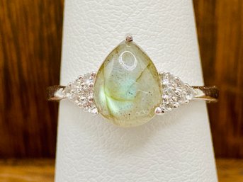 8x5mm Pear Shaped Gray Labradorite And White Zircon Rhodium Over Sterling Silver Ring - 6