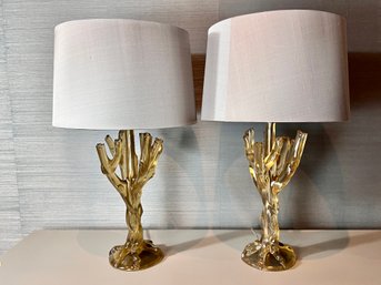 Pair Of Gold Resin Tree Table Lamps With Silver Shades