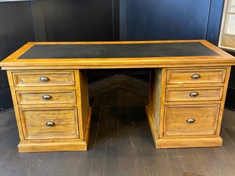 Pottery Barn Six Drawer Barnwood Desk With Leather Inset With 6 Drawers And Side Cabinets