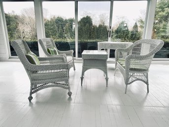 Wicker Set - Two Chairs, Bench, And Two Tables With White Glass Tops