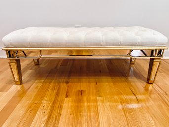White Button Tuft Upholstered Bench With Gold And Mirrored Legs