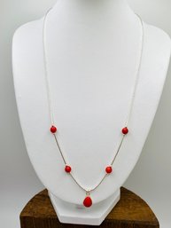 Pear And Round Red Sponge Coral Rhodium Over Sterling Silver Bead Strand Necklace - 18'
