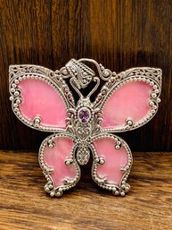 Artisan Of Bali Pink Mother Of Pearl English Tearose Mystic Topaz Silver Butterfly Pendant