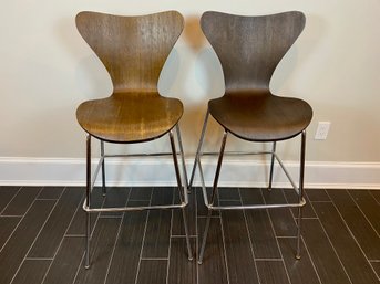 Pair Of Restoration Hardware Dark Wood Bentwood Barstools With Chrome Frame - Bar Height  - 1 Of 2
