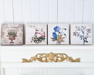 Set Of Four Flower Print On Canvas Over Wood Frame