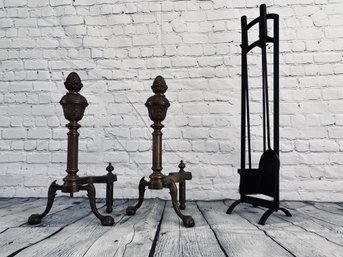 Pair Of Brass Andirons With Decorative Acorn Tops